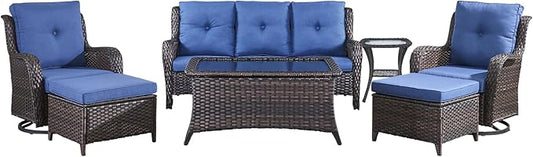 Wicker Patio Furniture-7 Pieces Rattan Patio Furniture Set Outdoor Patio Couch with Swivel Patio Chairs Ottomans and Coffee Table for Deck Poolside Backyard-Brown/Blue