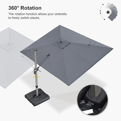PURPLE LEAF 9' x 11' Patio Umbrella with Base Cantilever Umbrella Rectangular Outdoor Offset Umbrella with Champagne Frame and 360° Rotation for Garden Deck Pool, Light Grey