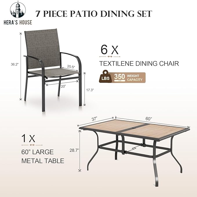 HERA'S HOUSE Patio Table and Chairs Set, 60" Rectangular Outdoor PVC Table with Umbrella Hole, 7 Pieces Outdoor Dining Furniture Sets with 6 Patio Chairs for Backyard Lawn Garden Porch(Brown)