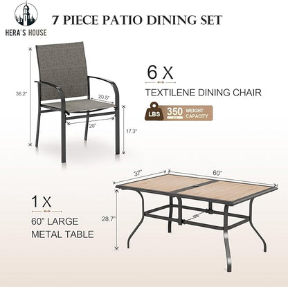 HERA'S HOUSE Patio Table and Chairs Set, 60" Rectangular Outdoor PVC Table with Umbrella Hole, 7 Pieces Outdoor Dining Furniture Sets with 6 Patio Chairs for Backyard Lawn Garden Porch(Brown)