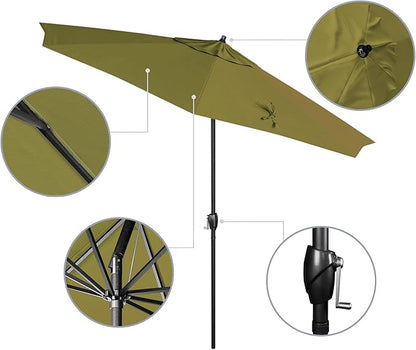 California Umbrella 9' Rd Aluminum Patio Umbrella, Crank Lift, Auto Tilt, Black Finish, Sunbrella Macaw