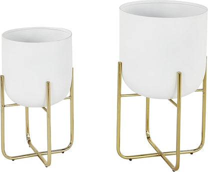 Deco 79 Metal Indoor Outdoor Planter Large Planter Pot with Removable Gold Stand, Set of 2 Planters 16", 13"H, White