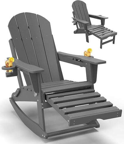 Adirondack Rocking Chair with Retractable Ottoman, All Weather Folding Adirondack Chair with Two Cup Holders, Adirondack Outdoor Rocking Chairs for Porch, Patio, Balcony. Grey