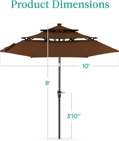 Best Choice Products 10ft 3-Tier Solar Patio Umbrella, Outdoor Market Sun Shade for Backyard, Deck, Poolside w/ 24 LED Lights, Tilt Adjustment, Easy Crank, 8 Ribs - Brown