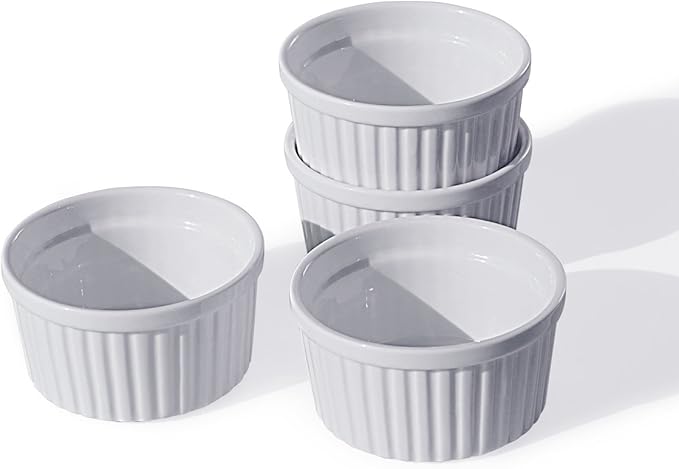 Cinf Porcelain 8 oz Ramekin White Set of 4 Pudding Bowls Dishes Cup for Baking,Souffle Cups Dishes, Creme Brulee, Custard Cups, Desserts, Oven, Microwave, Freezer and Dishwasher Safe