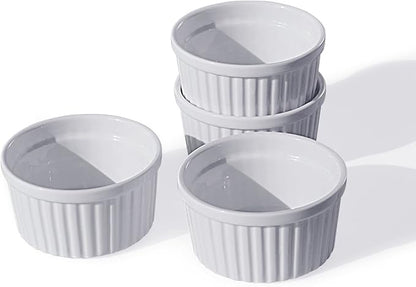 Cinf Porcelain 8 oz Ramekin White Set of 4 Pudding Bowls Dishes Cup for Baking,Souffle Cups Dishes, Creme Brulee, Custard Cups, Desserts, Oven, Microwave, Freezer and Dishwasher Safe