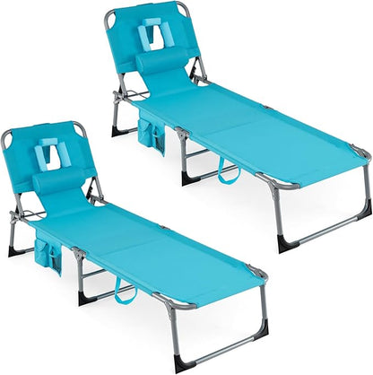 COSTWAY Tanning Chair with Face Hole, Folding Beach Lounge Chair | 4-Position Adjustable Backrest, Pillow & Side Pocket for Sunbathing, Camping (2, Turquoise)