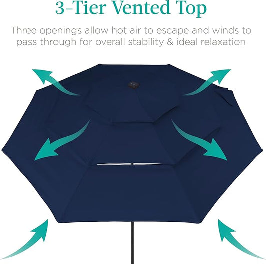 Best Choice Products 10ft 3-Tier Solar Patio Umbrella, Outdoor Market Sun Shade for Backyard, Deck, Poolside w/ 24 LED Lights, Tilt Adjustment, Easy Crank, 8 Ribs - Navy Blue