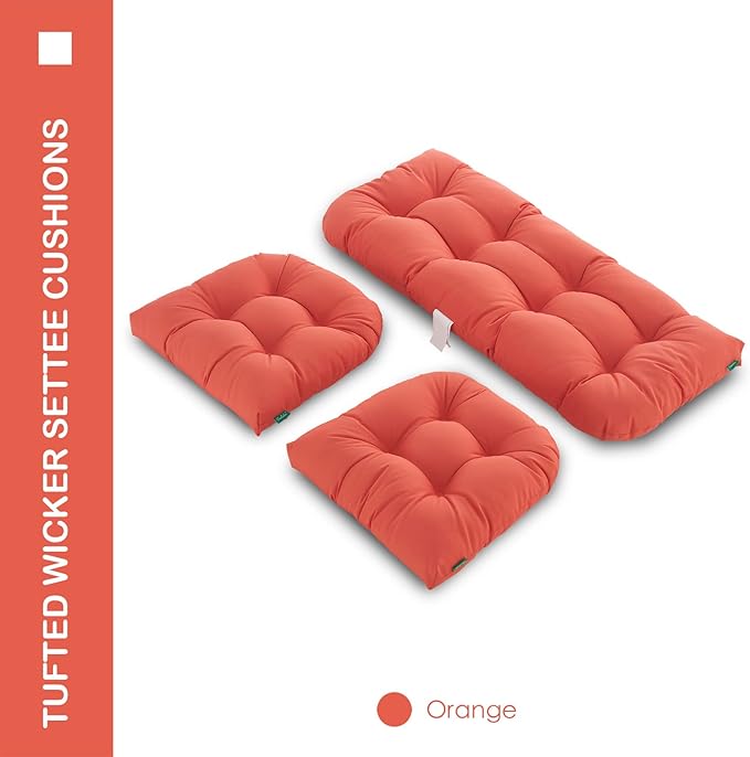 Outdoor/Indoor All Weather Tufted Wicker Chair Cushions of 3 Pieces, 1 Loveseat and 2 U-Shape Waterproof Cushions for Patio Furniture,Wicker Loveseat,Bench-Orange