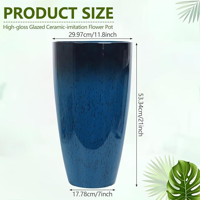 Set of 2 Large 21" Tall Planters for Indoor Outdoor, Heavy-Duty Resin with Drainage Holes & Unique Textured Design, Perfect for Porch, Patio, Backyard Home Decor, Blue