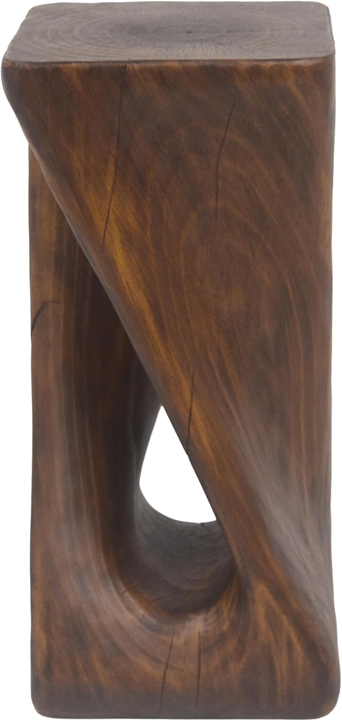 GDFStudio Outdoor Side Table, Twist Shape End Table, Decorative Accent Garden Stool Table, Lightweight Concrete Patio Table with Wood-Like Texture,Sculptural Design for Balcony,Poolside,Antique Brown