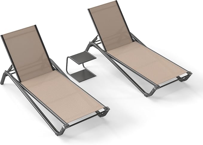 3-Piece Patio Chaise Lounge Set with Side Table, Set of 2 Adjustable Pool Chairs and Aluminum Bistro Table, All-Weather Outdoor Furniture for Pool Deck, Patio & Tanning, Beige