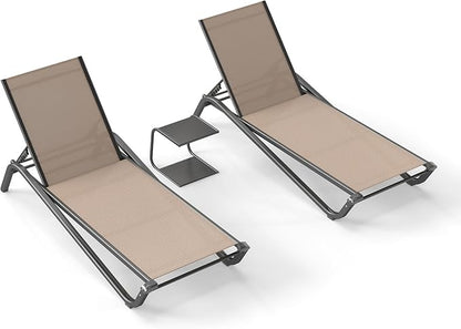 3-Piece Patio Chaise Lounge Set with Side Table, Set of 2 Adjustable Pool Chairs and Aluminum Bistro Table, All-Weather Outdoor Furniture for Pool Deck, Patio & Tanning, Beige