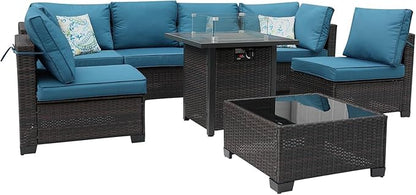 8 Pieces Patio Sets with 28" Gas Fire Pit Table Wicker Rattan Outdoor Furniture Set Conversation Set with Garden,Balcony,Pool, Deck (Brown & Peacock Blue, 8pcs Set)