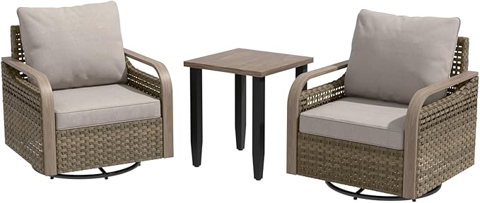 Modern Wicker Bistro Table and Chairs Set, Rattan Outdoor Bistro Set for Patio, Wicker Patio Swivel Rocking Chairs & Table, 3 Pieces, Brown/Gray