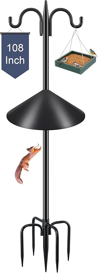 Gtongoko Squirrel Proof Bird Feeder Pole, 108 Inch Double Shepherds Hook with 19 Inch Squirrel Baffle, Heavy Duty Adjustable Outdoor Bird Feeder Stand with 5-Prong Base for Garden, Plants, Black