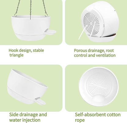 2 Pack Hanging Planters for Indoor Outdoor Plants, 12Inch Self Watering Hanging Pot with Drainage Holes and Saucer, Plastic Plant Pots, White Flower Pots for Kitchen, Balcony, Garden