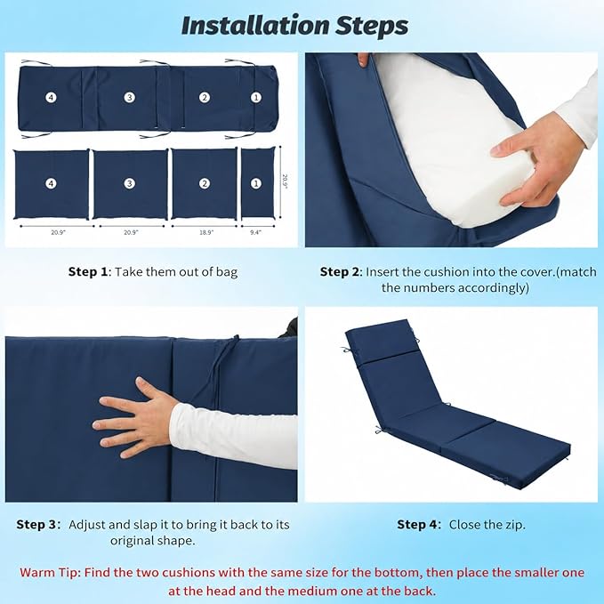 2 Pcs Outdoor Chaise Lounge Cushion 72" x 21" x 3", 4-Section Folding Patio Lounge Chair Cushion with Ties, Waterproof & Fade Resistant Replacement Cushion for Pool, Patio, Deck (Blue, 2 Pcs)