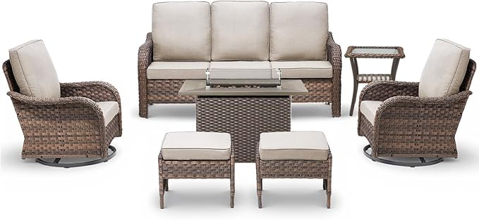 7 Pieces Patio Furniture Set with 42.5" Fire Pit Table-All Weather Wicker Outdoor Furniture with High Back Swivel Patio Chairs Set of 2 Outdoor Couch for Deck Balcony Backyard Brown/Beige