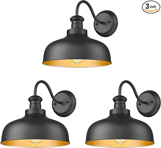 Outdoor Farmhouse Barn Light, Outside Wall Sconce, Weather Resistant Anti-Rust Farmhouse Exterior Wall Mount Light, Outdoor Lantern Lamp for Porch, Garage, Patio, Entryway (Black, 3 Pack)