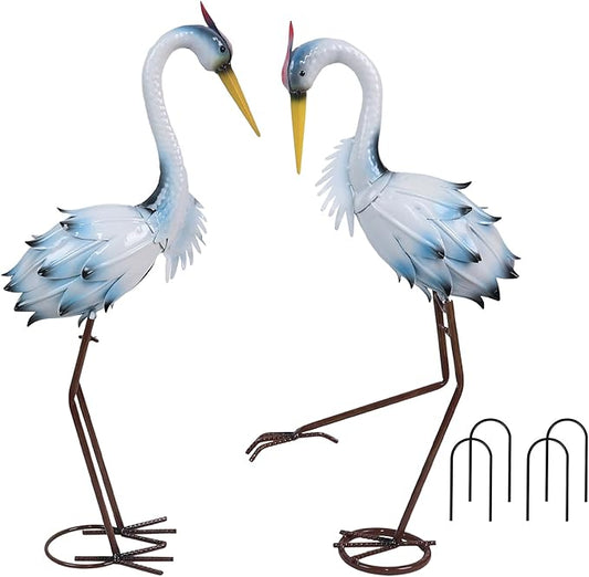 YEAHOME Garden Decor Outdoor Statues, 22"/20" Large Metal Heron Standing Yard Art, Blue Crane Lawn Sculptures Garden Decor for Outside Patio Porch Backyard, Set of 2