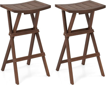 COSTWAY Folding Wooden Bar Stools Set of 2, 30-inch Height Backless Saddle Stools with Footrest, Foldable Chairs for Kitchen Island, Counter, Patio, Indoor & Outdoor, No Assembly Required, Teak