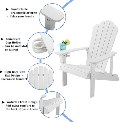 Adirondack Chair Weather Resistant , Hard Plastic Adirondack Chair with Cup Holder, Comfortable Easy to Assemble and Maintain, Outdoor Chair for Patio, Backyard Deck, Fire Pit Lawn Porch - White