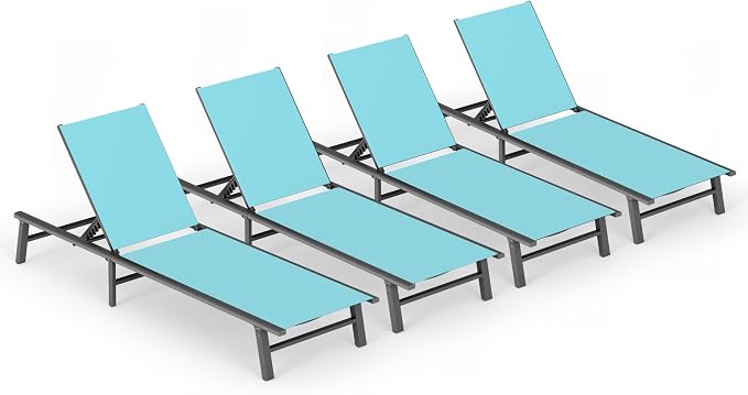 Ciokea Foldable Outdoor Lounge Chair Set of 4, No Assembly Aluminum Chaise Lounge Outdoor with 5-Positions, Aluminum Pool Lounge Chairs with Portable Design for Pool, Deck, Beach, Patio (Lake Blue)