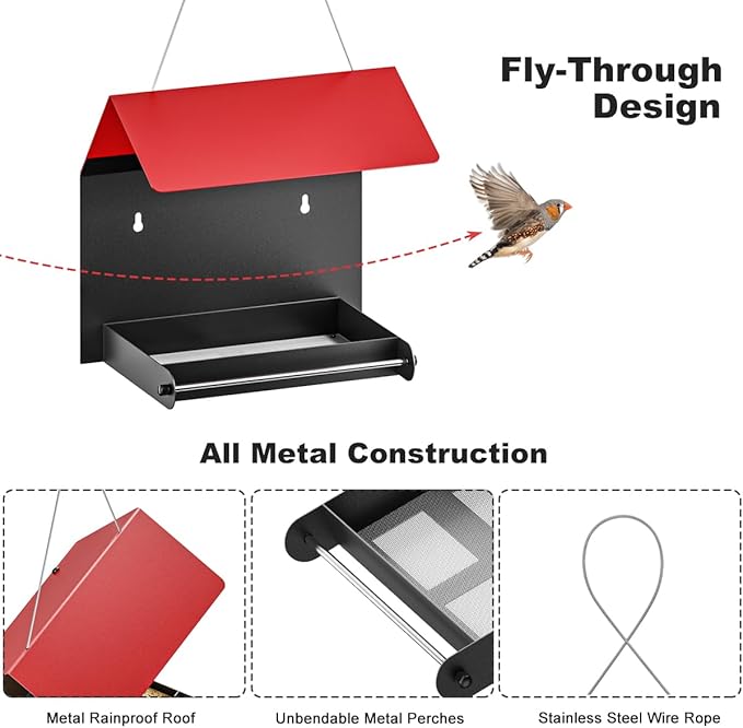 FANHAO Metal Bird Feeder for Outdoor, Hanging & Wall Mounted Wild Bird Feeder with Perch and Drainage Mesh, Weatherproof Hanging Platform Bird House for Attracting Birds, Easy to Clean & Refill