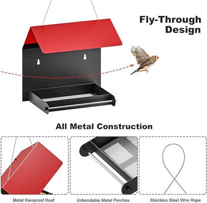 FANHAO Metal Bird Feeder for Outdoor, Hanging & Wall Mounted Wild Bird Feeder with Perch and Drainage Mesh, Weatherproof Hanging Platform Bird House for Attracting Birds, Easy to Clean & Refill