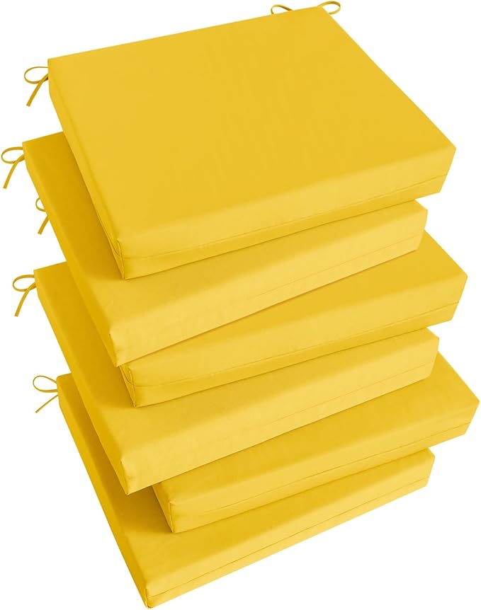Basic Beyond Outdoor Chair Cushions Set of 6, Square Corner Outdoor Cushions for Patio Furniture, Water Resistant Patio Chair Cushions with 2 Ties, 18.5x16x3, Yellow Color