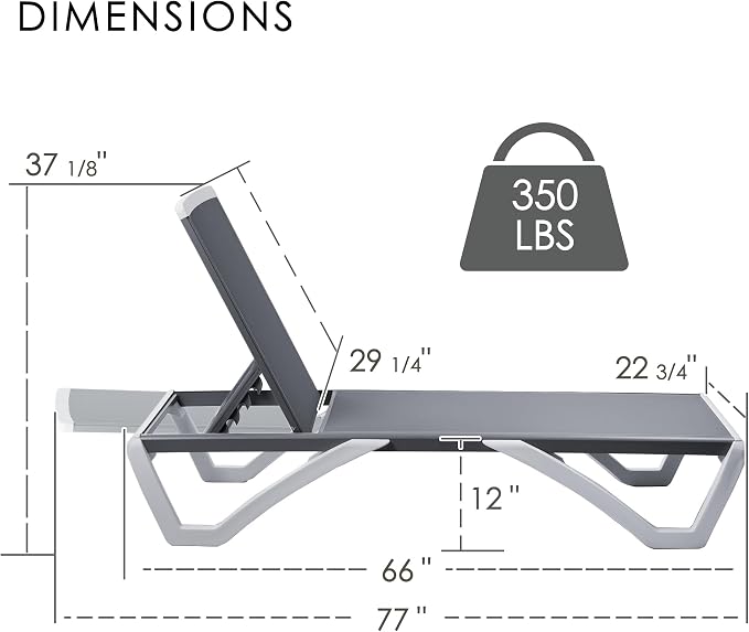 Kozyard Outdoor Chaise Lounge Chair, Fully Flat Adjustable Patio Lounger with Aluminum Frame & Resin Legs, Textilene Fabric for Poolside, Backyard & Beach (Gray)