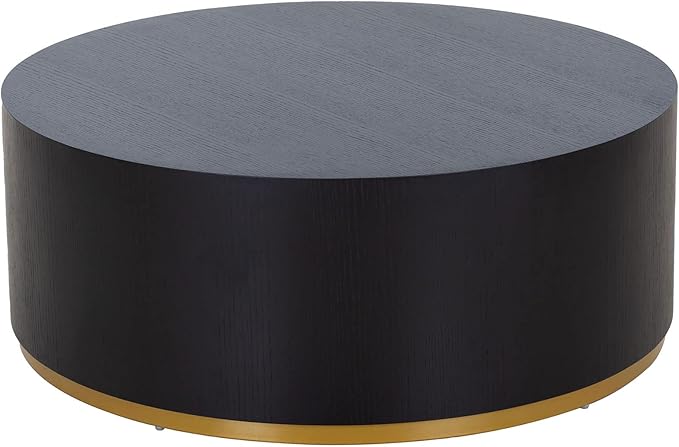 kevinplus Black Round Coffee Table for Living Room, Modern Contemporary Drum Circle Wood Coffee Table for Apartment Office, Black & Gold