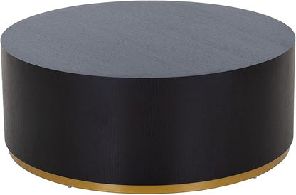 kevinplus Black Round Coffee Table for Living Room, Modern Contemporary Drum Circle Wood Coffee Table for Apartment Office, Black & Gold
