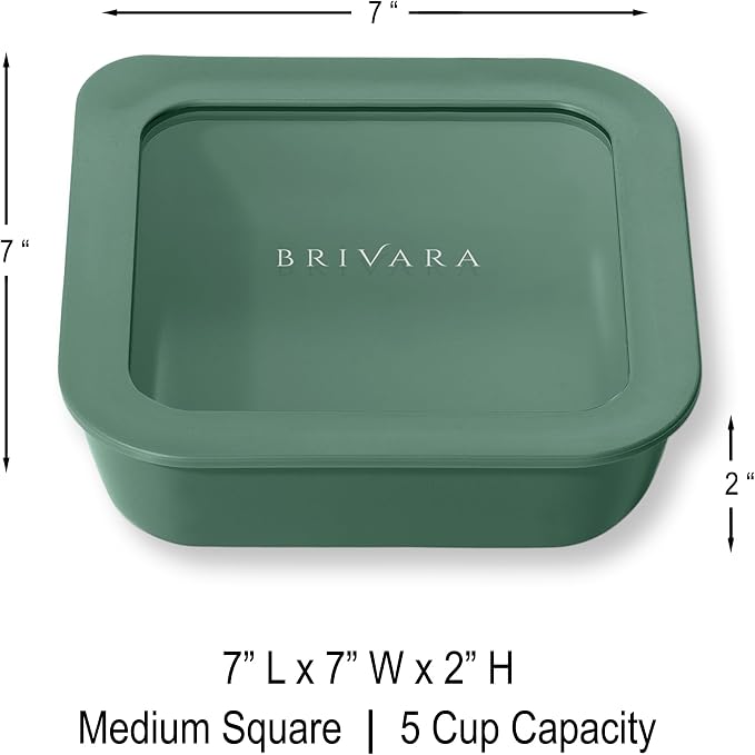 Glass Food Storage Container with Lid, 5-Cup Medium Square | Microwave-Safe Airtight Lid, Oven-Safe Ceramic-Coated Glass | Zero Plastic, No PFAS/PFOA/BPA, Reusable [Pine]