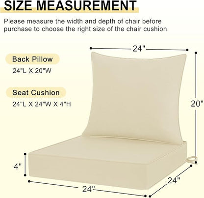 downluxe Outdoor Chair Cushions 24x24 with Removable Cover, Waterproof Patio Furniture Cushions, Deep Seat Cushions for Outdoor Furniture with Backrest for Sofa, Couch and Patio Chairs, Beige