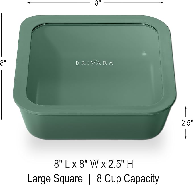 Glass Food Storage Container with Lid, 8-Cup Large Square | Microwave-Safe Airtight Lid, Oven-Safe Ceramic-Coated Glass | Zero Plastic, No PFAS/PFOA/BPA, Reusable [Pine]