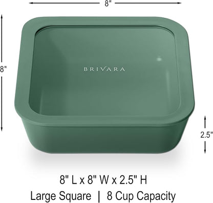Glass Food Storage Container with Lid, 8-Cup Large Square | Microwave-Safe Airtight Lid, Oven-Safe Ceramic-Coated Glass | Zero Plastic, No PFAS/PFOA/BPA, Reusable [Pine]