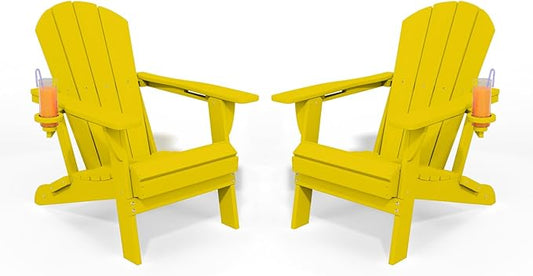 Folding Adirondack Chair with Cup Holders Set of 2, HDPE Plastic Outdoor Chairs, Weather Resistant, Real Wood Look for Patio, Deck, Fire Pit, Backyard, Yellow