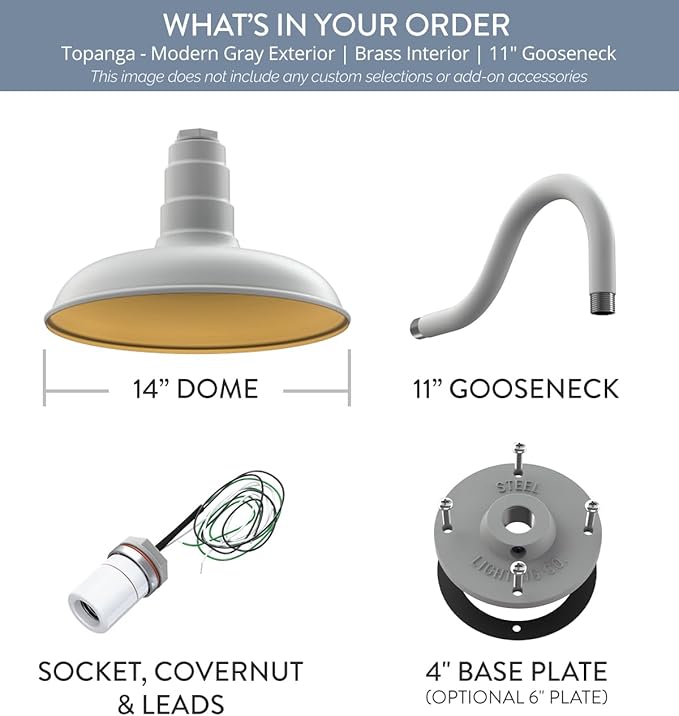 Steel Lighting Co. Topanga Barn Light | Outdoor Wall Mounted | 14 inch Dome | 11" Gooseneck | Farmhouse Garage Light Made in America | Modern Gray Exterior/Brass Interior