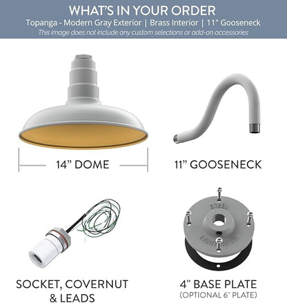 Steel Lighting Co. Topanga Barn Light | Outdoor Wall Mounted | 14 inch Dome | 11" Gooseneck | Farmhouse Garage Light Made in America | Modern Gray Exterior/Brass Interior