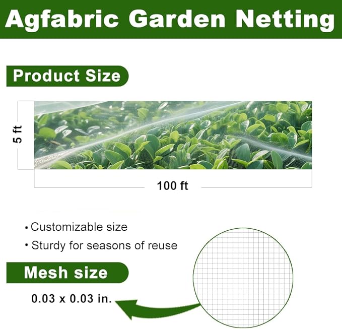 Agfabric Garden Netting 5'x100' Insect Pest Barrier Bird Netting for Garden Protection,Row Cover Mesh Netting for Vegetables Fruit Trees and Plants,White