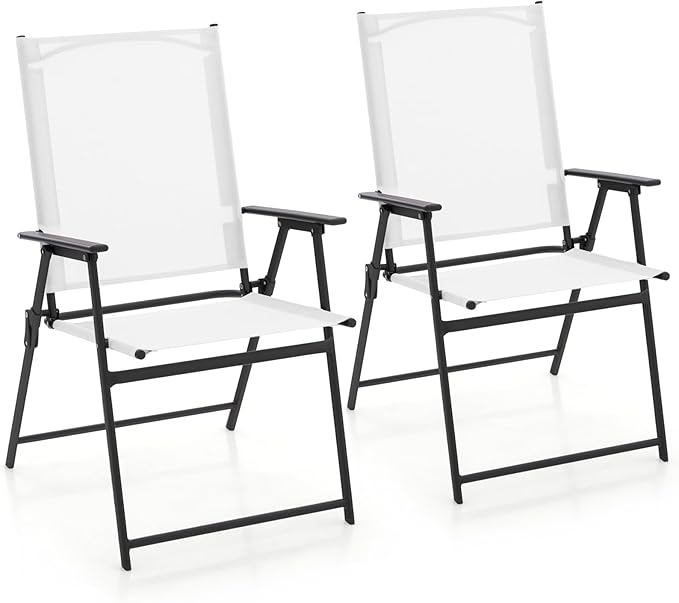 Giantex Patio Folding Chairs Set of 2, Portable Outdoor Dining Chairs with Rustproof Metal Frame, for Lawn, Front Porch, Deck, Garden, Backyard, Camping, White