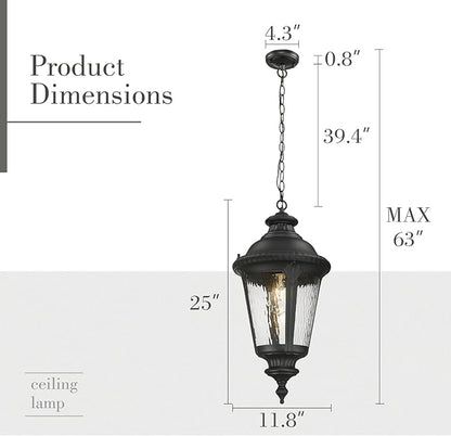 Emliviar Large Outdoor Pendant Lights for Porch, 25" Black Exterior Hanging Lantern with Water Ripple Glass, XE265H-SW BK
