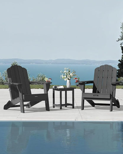 Folding Adirondack Chairs Set of 2,All-Weather HDPE Fire Pit Chair with 2 Cup Holders, Plastic Outdoor Chair for Patio Deck Garden Lawn, Dark Grey