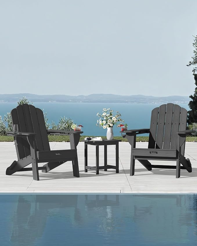 Folding Adirondack Chair,All-Weather HDPE Fire Pit Chair with 2 Cup Holders, Plastic Outdoor Chair for Patio Deck Garden Lawn, Grey