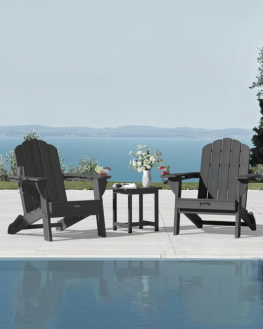 Folding Adirondack Chair,All-Weather HDPE Fire Pit Chair with 2 Cup Holders, Plastic Outdoor Chair for Patio Deck Garden Lawn, Grey
