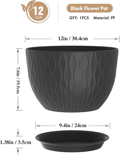 WSMKSZ 12 Inch Large Plant Pots for Indoor or Outdoor Plants, Wide Water Ripples Flower Pots with Drainage Holes & Saucer, Plastic Planters Set for Garden & Home Decor (Black)