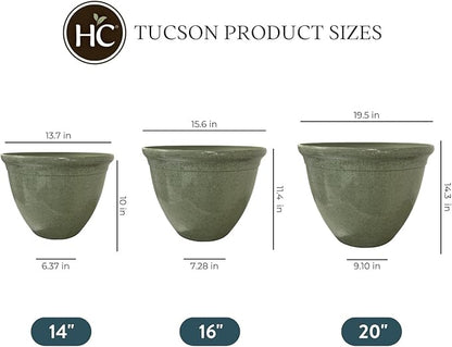 The HC Companies 16 Inch Tucson Round Planter Pots with Ceramic Look, Lightweight UV-Resistant Resin Indoor & Outdoor Planters, 1-Pack Flower Pots for Garden & Home Decor, Green Crackle