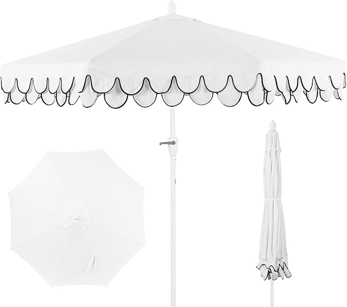 JONATHAN Y UMB1002D Tracy 9 ft. Classic MidCentury Scalloped Fringe Market Patio Umbrella with Auto-Tilt, Crank, Wind Vent and UV Protection in White/Black